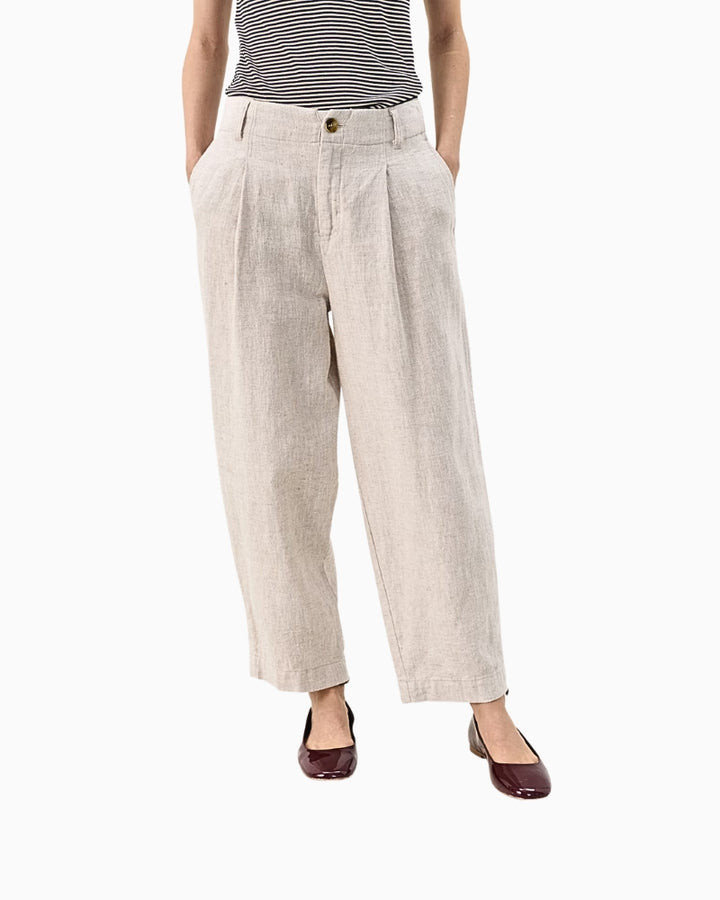Model wearing Part Two Netta trousers in natural beige linen blend