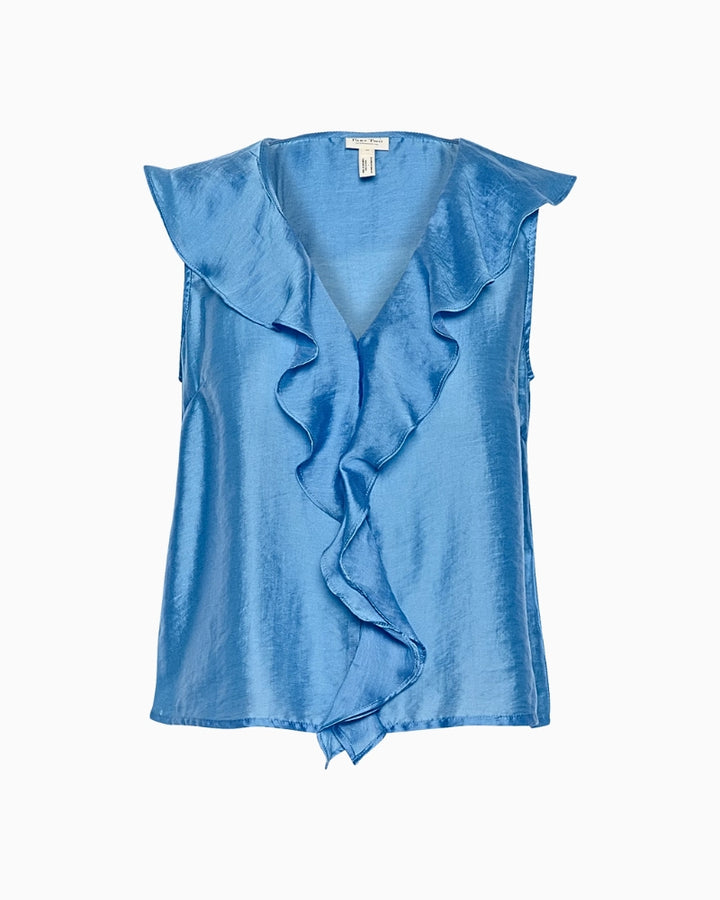 Blue sleeveless blouse with ruffle detail and V-neckline laid flat for detail view