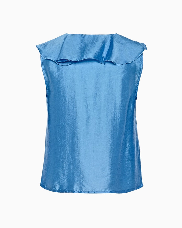 Back side of blue sleeveless blouse with gathered detail at neckline shown flat