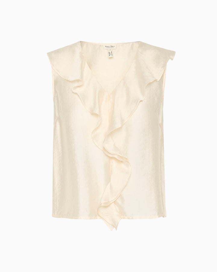 Ivory sleeveless ruffle blouse laid flat to show V-neck and front detail