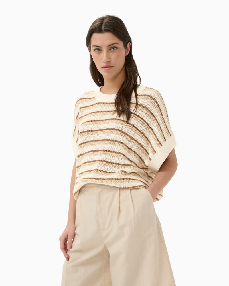 Part Two BelisiaPW Pullover in Cream and Brown Stripe front view