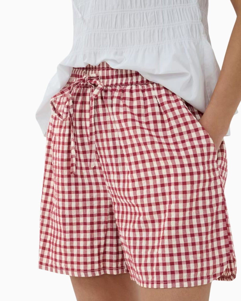 Part Two BigiPW Shorts in Dark Red gingham side view
