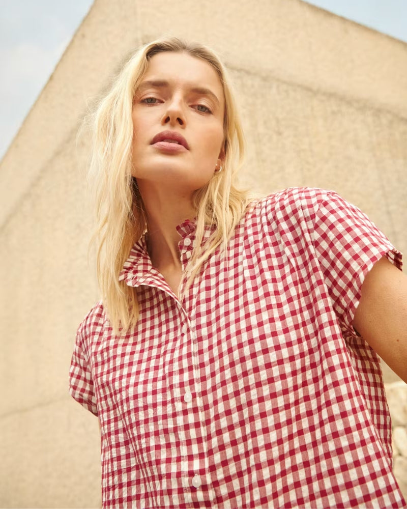 Part Two BjankaPW Blouse in Dark Red check button front detail