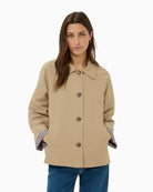 Woman wearing Part Two boxy cotton blend jacket with check cuffs, front view – Áines Boutique