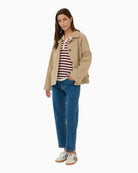 Woman wearing Part Two boxy cotton blend jacket with check cuffs, paired with Denim  – Áines Boutique