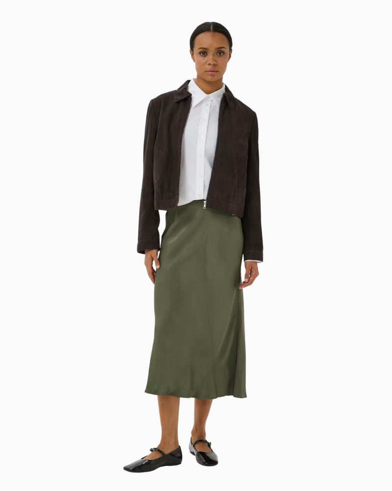 Part Two Candice Skirt in Khaki side view showing below-knee silhouette