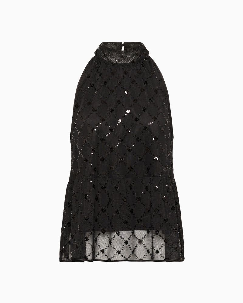 Part Two Dirtsa Top in black with placed sequins front view