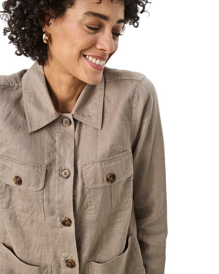Close-up of button and pocket detailing on the Elnora linen blazer