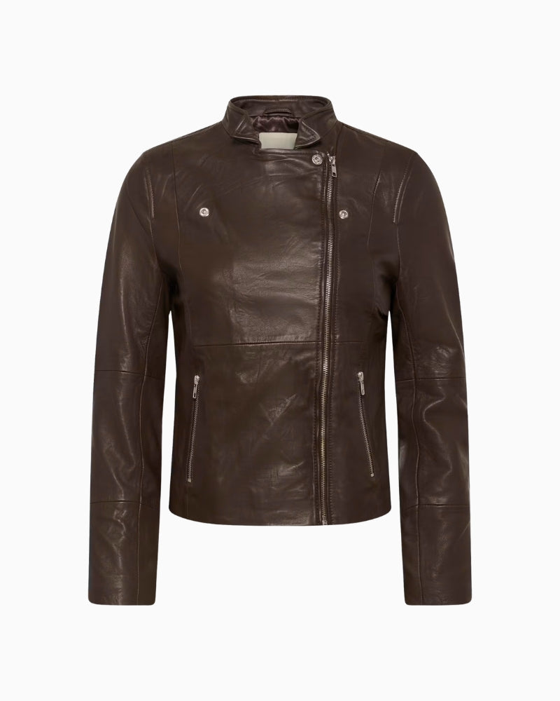 Part Two Frances Leather Jacket in Brown zip detail