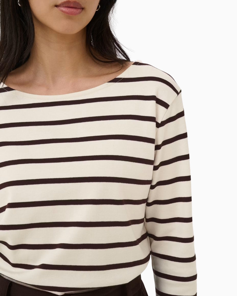Part Two Nela PW T-Shirt in Cream/Brown neckline detail