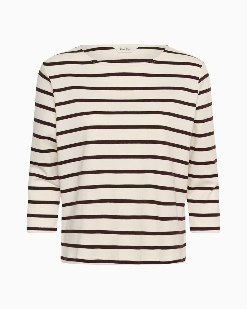 Part Two Nela PW T-Shirt in Cream/Brown stripe detail