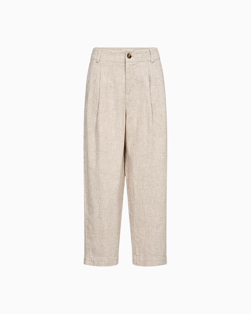 Flat lay front view of beige linen-blend Netta trousers with button closure
