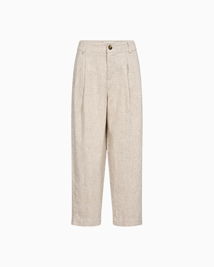 Flat lay front view of beige linen-blend Netta trousers with button closure