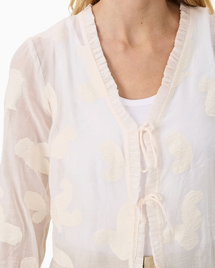 Close-up of collar and button detail on cream Part Two cotton blend shirt