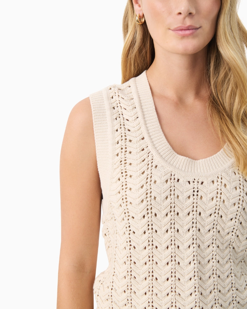 Close-up of fabric texture and neckline on beige Part Two organic cotton vest