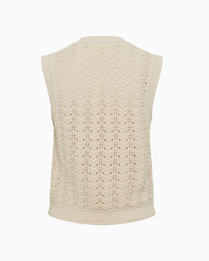 Flat lay back view of Part Two Radka Waistcoat showing breathable knitted fabric in beige
