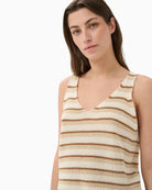 Part Two RebeccaPW Knit Tank Top in beige and tan stripe model close-up