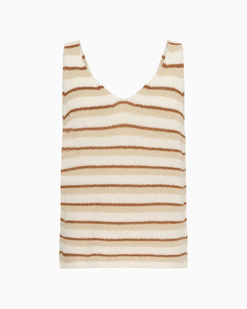 Part Two RebeccaPW Knit Tank Top in cream and brown stripe flat lay black view