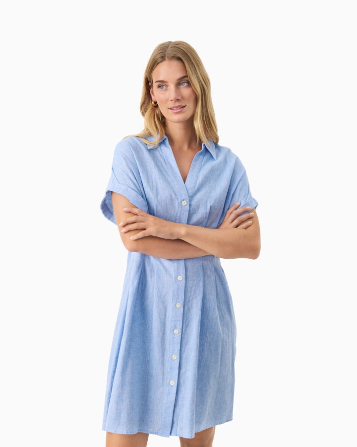 Front view of Part Two Rianna Dress in marina chambray blue with sleeveless design