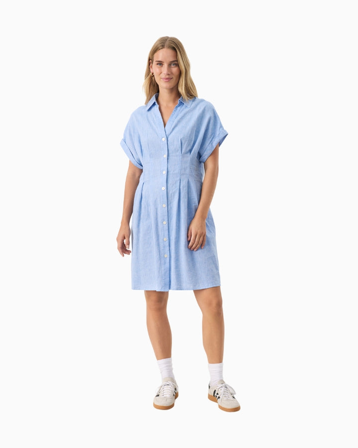 Full length view of model wearing sleeveless Part Two blue dress