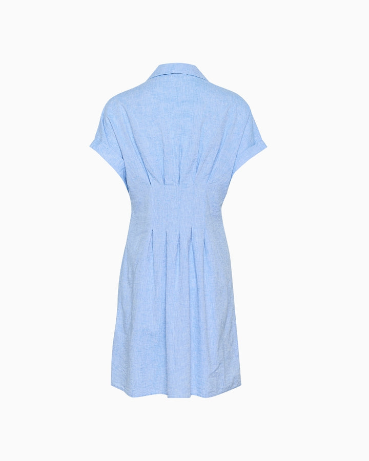 Flat lay back view of Part Two Rianna Dress showing lightweight woven fabric and clean blue colour