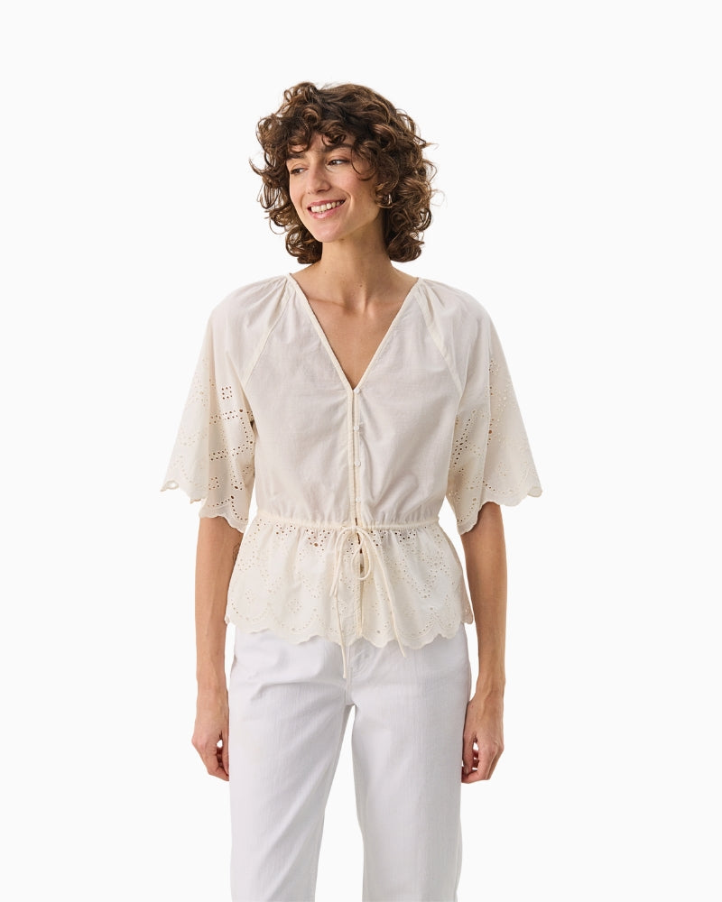 Front view of Part Two Rosalie Blouse in cream organic cotton with half sleeves
