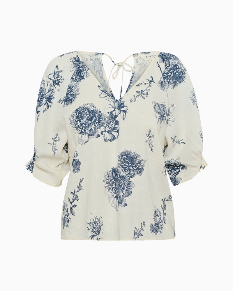 Flat lay of Part Two Rosalyn Blouse showing lightweight woven fabric and vibrant flower pattern