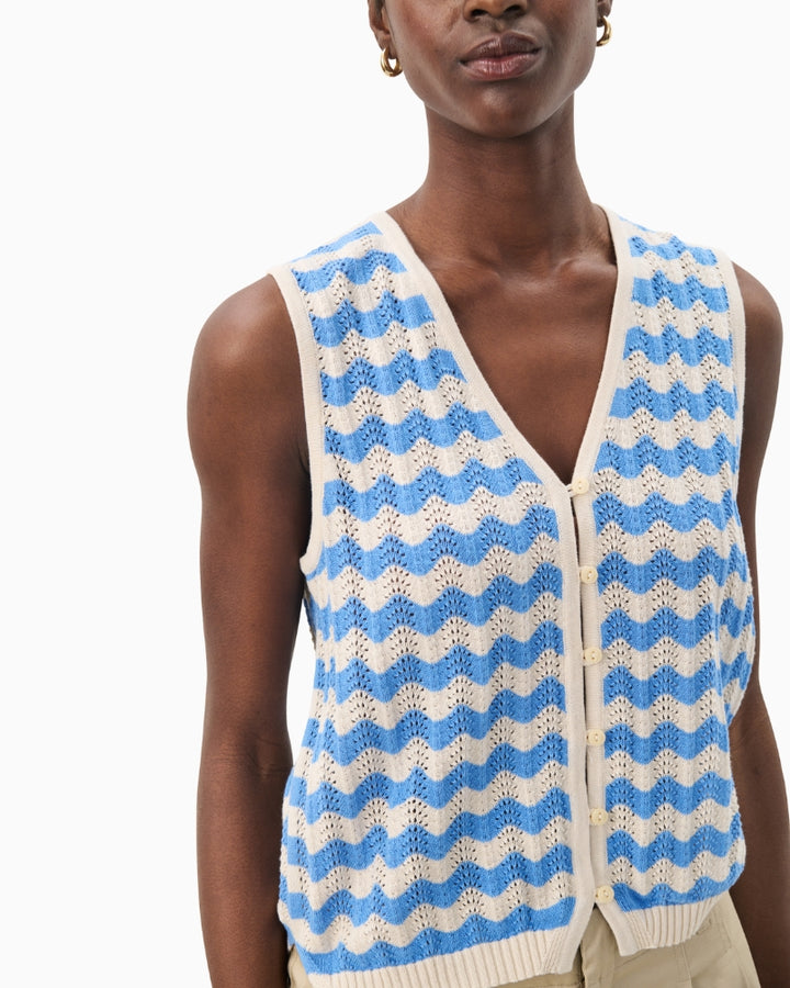 Front view of Part Two Rosella Waistcoat in cream and blue organic cotton with regular fit