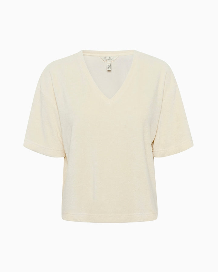 Front view of Part Two Rylie T-Shirt in cream organic cotton blend with loose fit