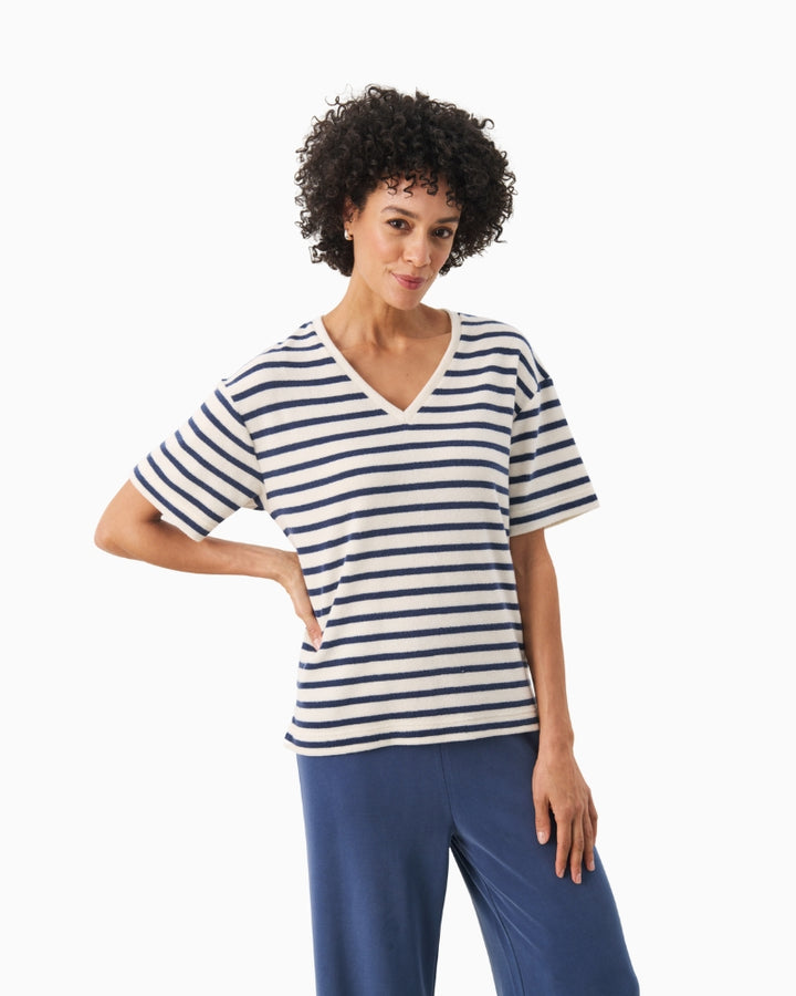 Front view of Part Two Rylie T-Shirt in blue and cream organic cotton blend with loose fit