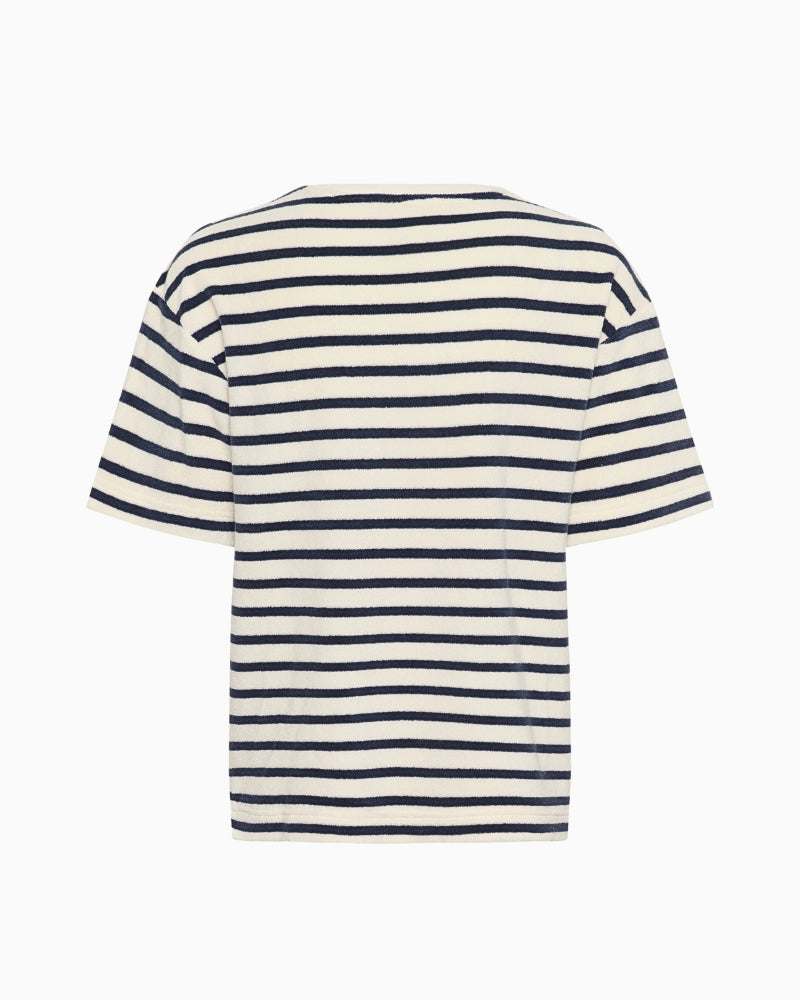 Flat lay back view of Part Two Rylie T-Shirt showing two-tone blue and cream fabric and loose silhouette