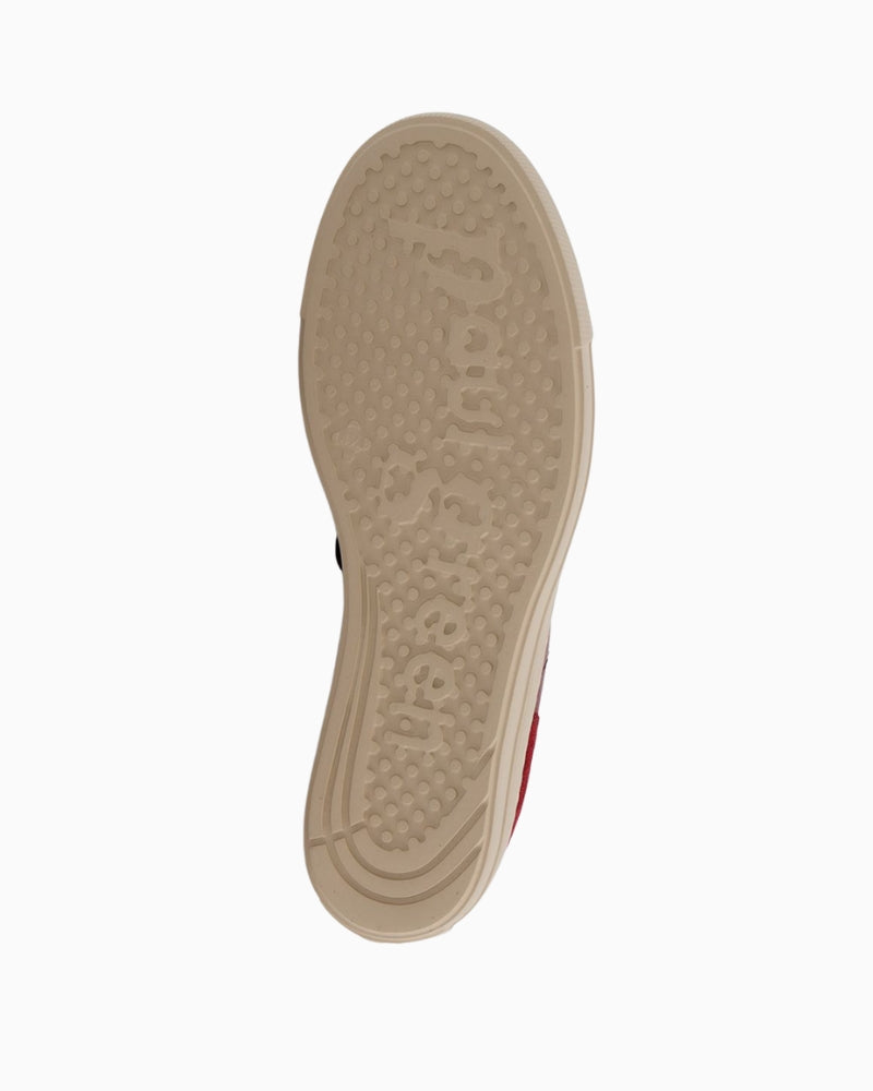 Back view of red leather sneakers with entry loop