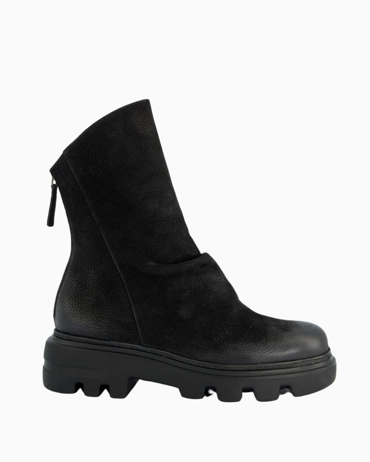 Black nubuck ankle boot by Paul Green with pleated leather detail and back zip