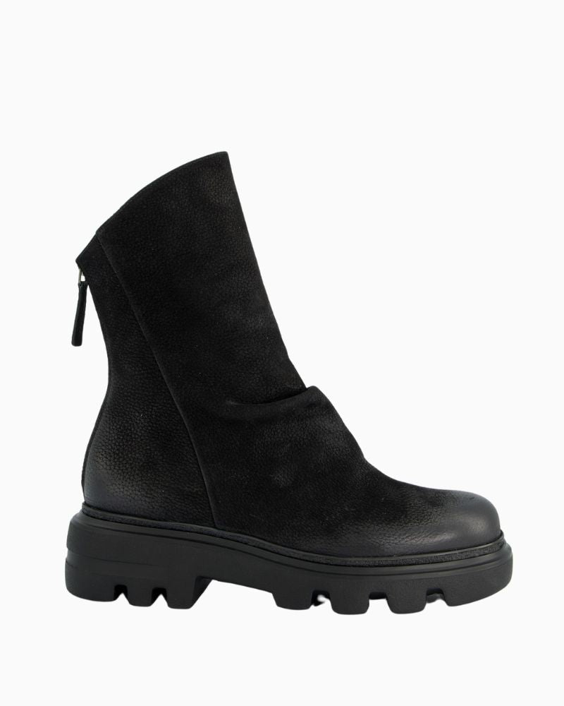 Black nubuck ankle boot by Paul Green with pleated leather detail and back zip