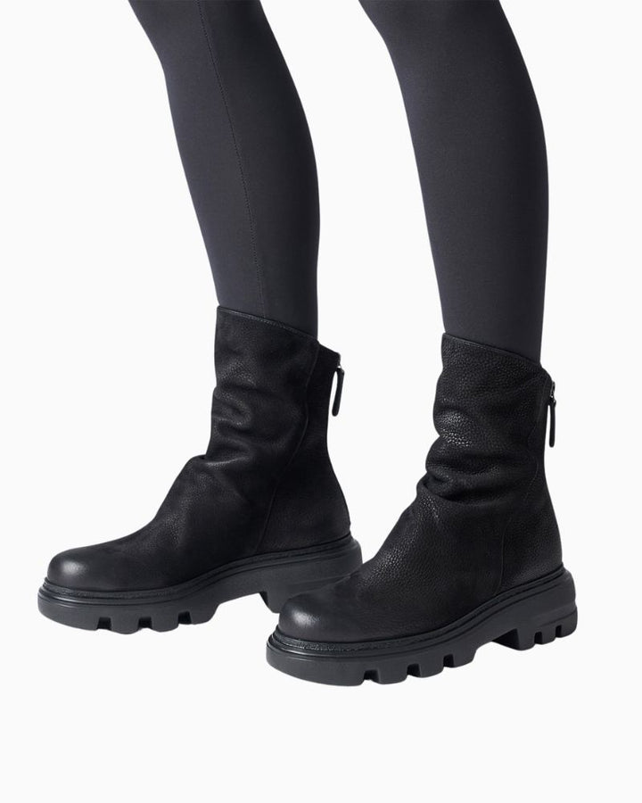 Black nubuck ankle boot by Paul Green with pleated leather detail and back zip