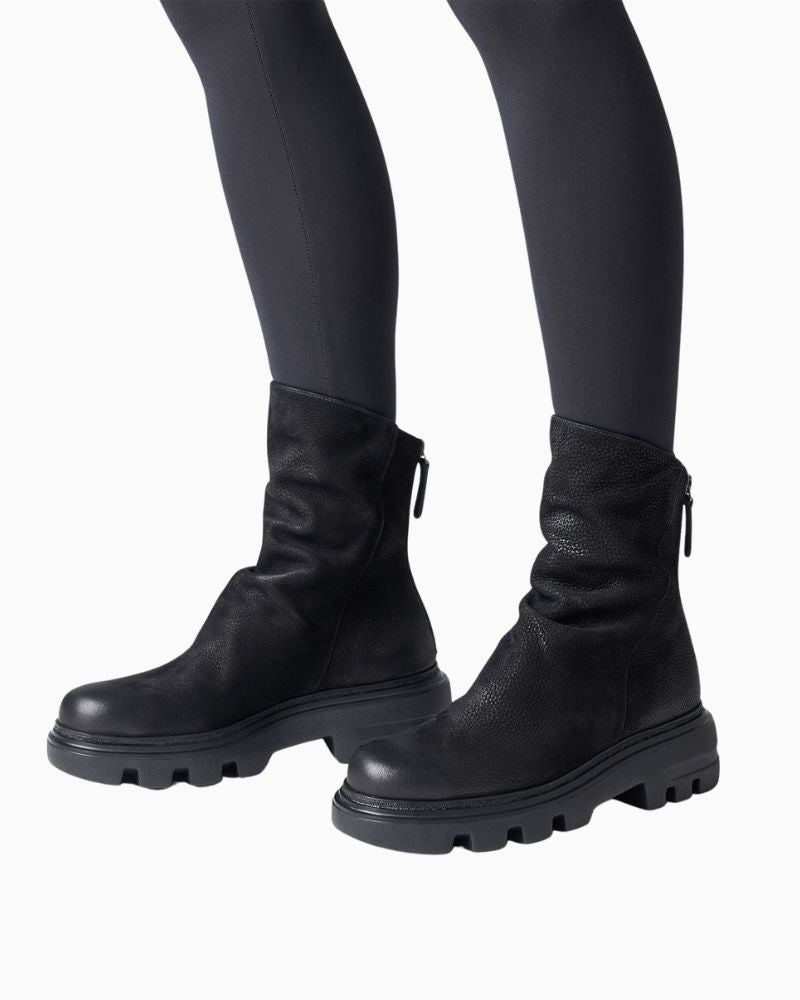 Black nubuck ankle boot by Paul Green with pleated leather detail and back zip