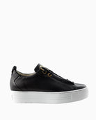 Side view of black Paul Green leather trainers with white sole