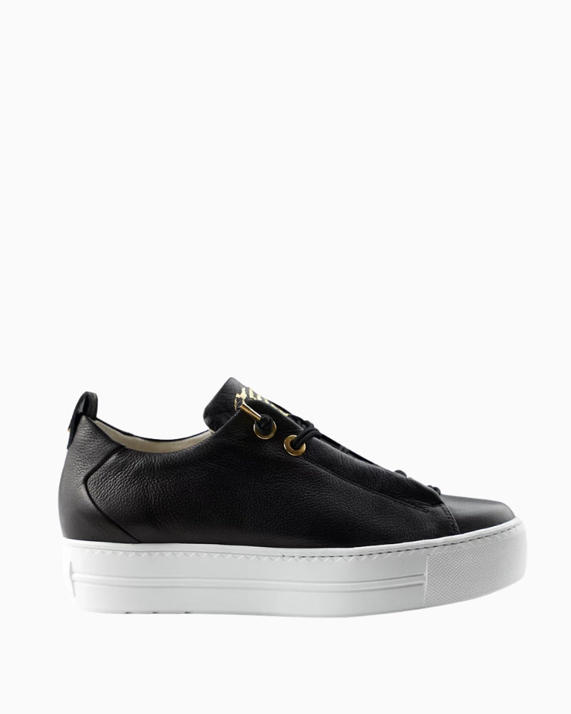 Side view of black Paul Green leather trainers with white sole