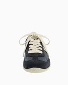 Front angle of blue Paul Green trainers with flat 30mm sole and lace-up design