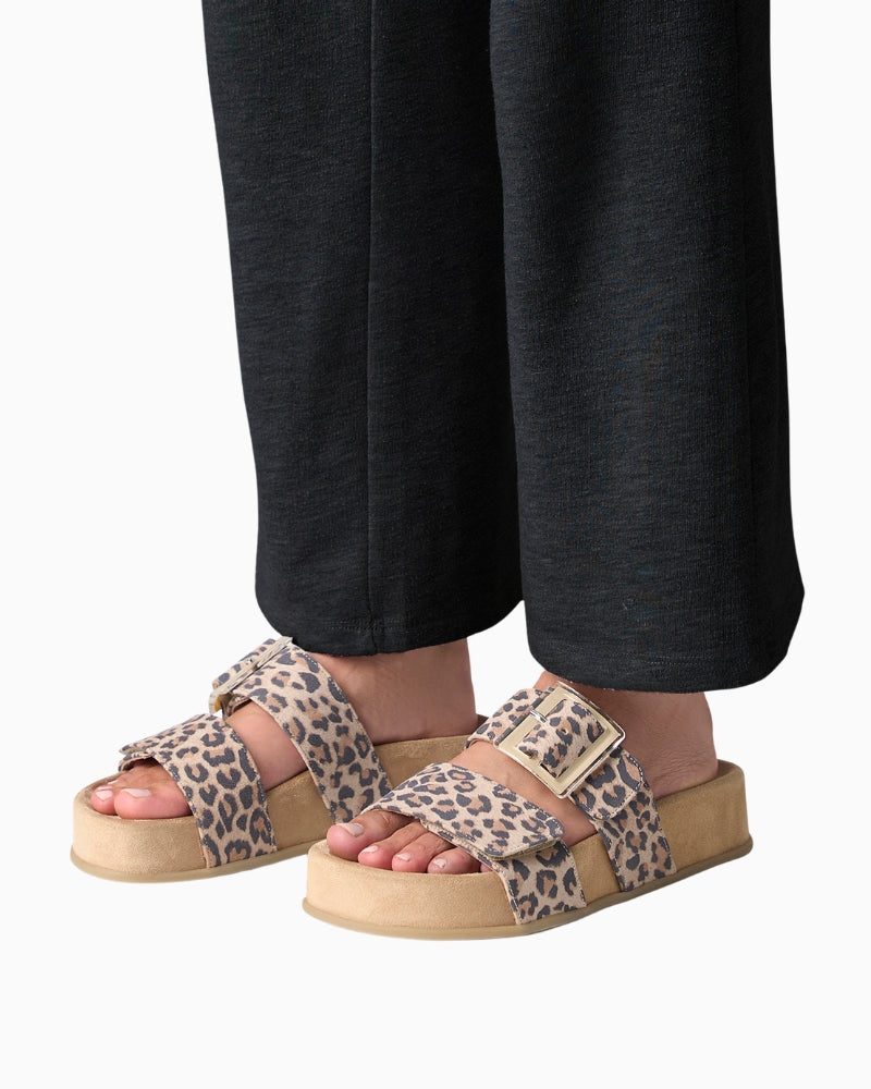 Woman wearing Paul Green velvety leather mules – Áines Boutique