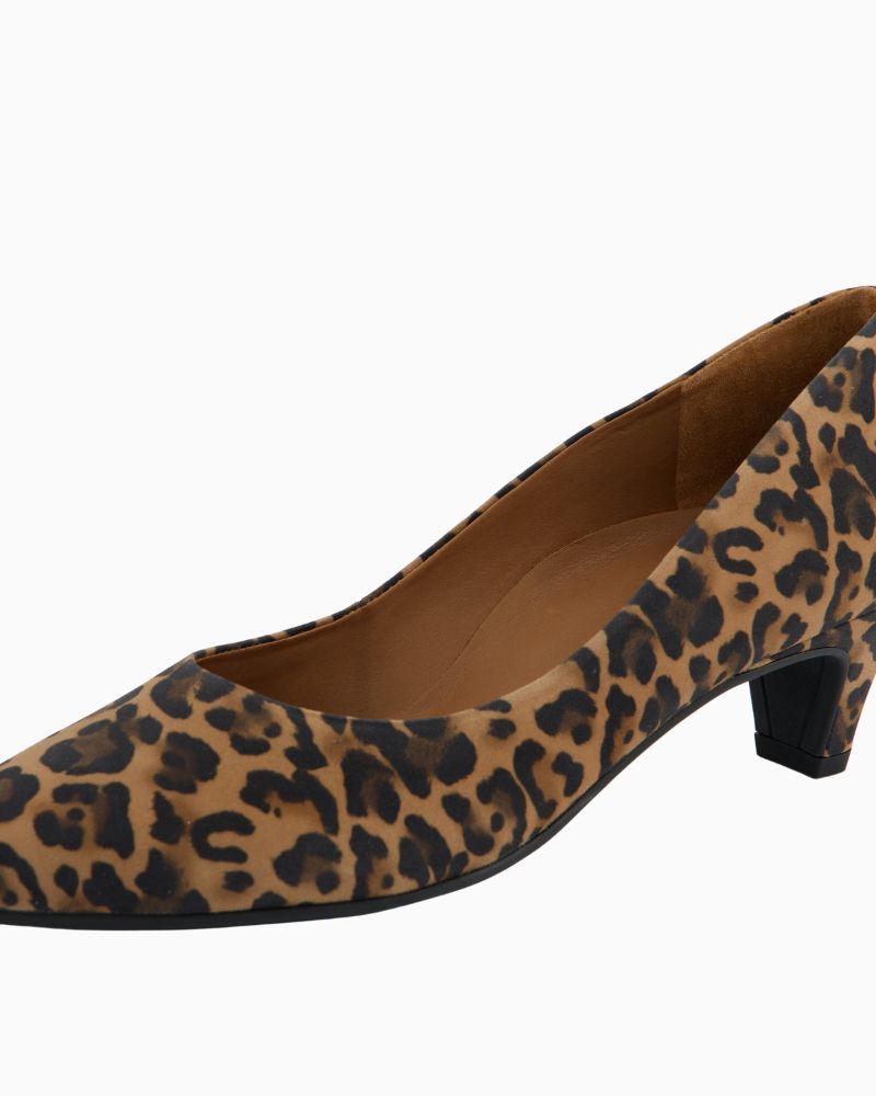 Side view of black Paul Green pumps showing elegant shape and soft suede-like texture