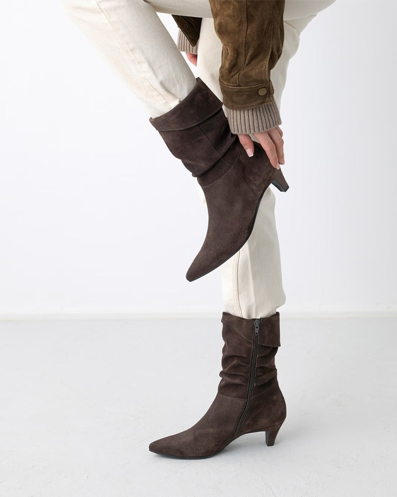 Paul Green Kitten Heel Boot brown suede folded cuff detail