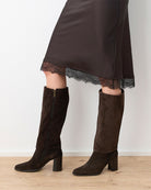 Paul Green Knee High Boot in brown suede side zip detail