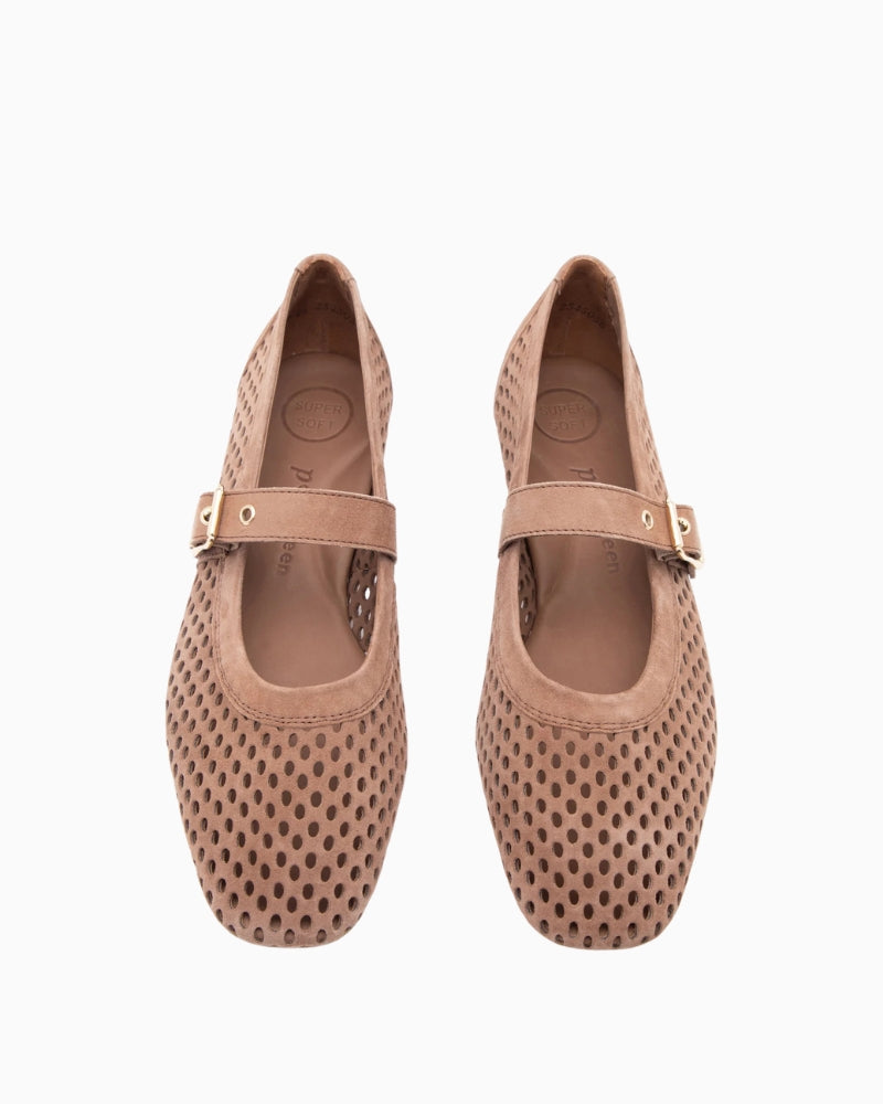 Paul Green Maryjane Ballet Flat brown upper perforation detail