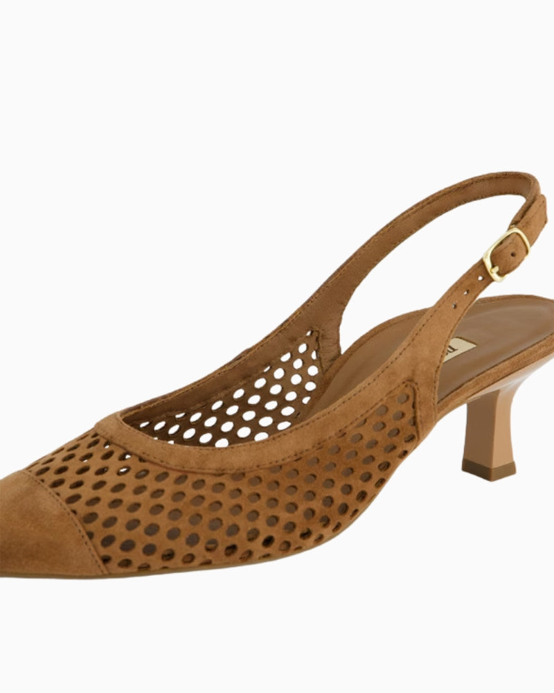 Paul Green Peeptoes Slingpumps Brown close up detail – Áines Boutique