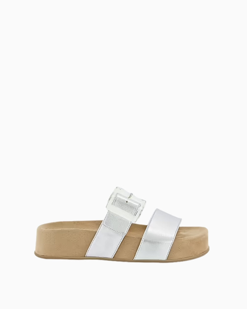 Side view of white double-strap sandals with cork sole