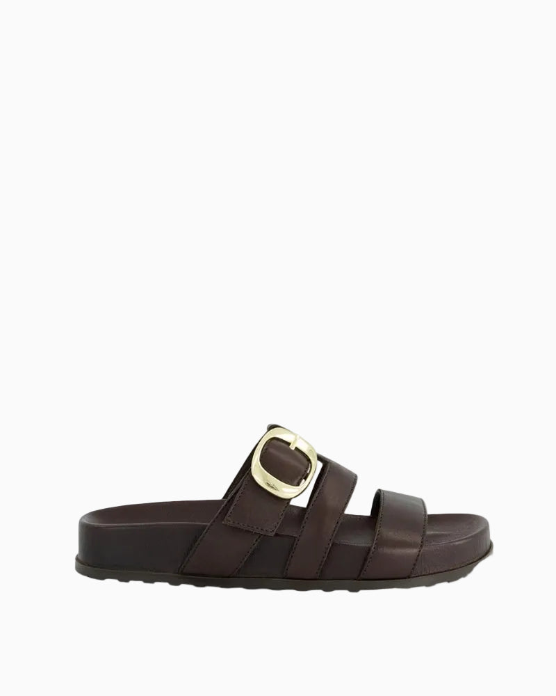 Paul Green brown leather mule sandals right side view with buckle