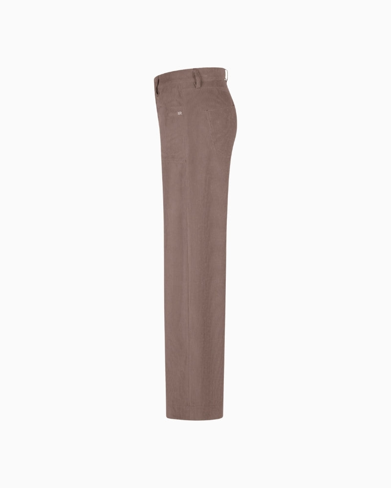 Side view of wide-leg corduroy trousers with patch pockets