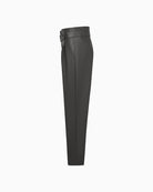 Side view of high-waisted pleated trousers with French pockets