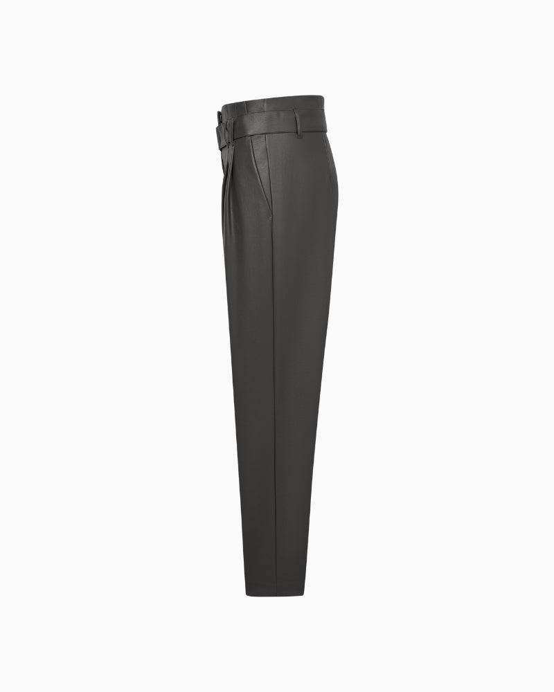 Side view of high-waisted pleated trousers with French pockets